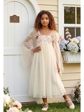 Girls Ivory and Pink Fairy Tale Costume Dress with Puff Sleeves and Sequins